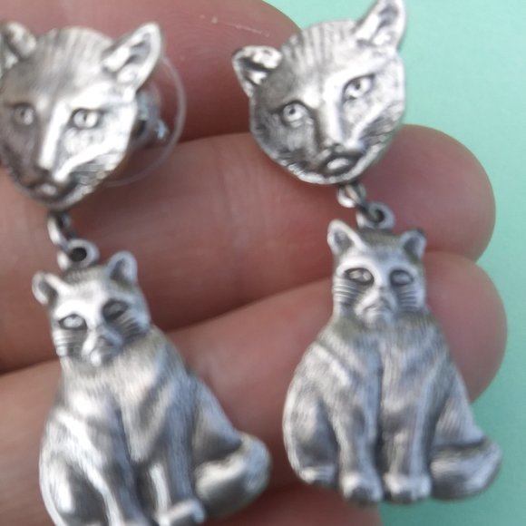 drop dangle cat earrings silver tone metal - Picture 8 of 11